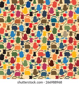 Retro style seamless pattern with coffee and tea kettles and boilers