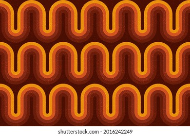 Retro style seamless pattern with colorful waves, curly stripes. Endless wallpaper, fabric print with canvas grunge texture. 70s, boho ornament.