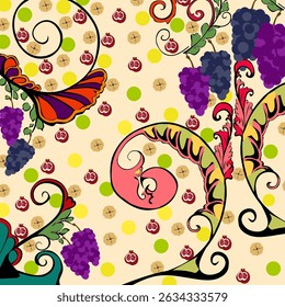 Retro style seamless pattern depicts the beauty of the types of fruits in heaven (grapes, pomegranates, bananas). Vector illustration. Perfect for wallpaper or textile.
