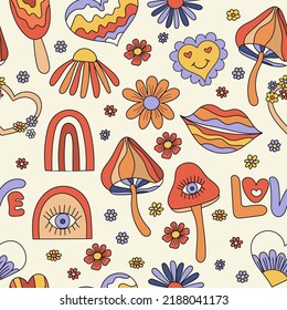 Retro Style Seamless Pattern Design with psychedelic elements. Vector illustration.