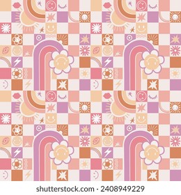 Retro style seamless pattern design with vector hand drawn art with flowers, smiles and rainbows