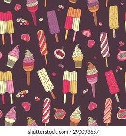 Retro style seamless pattern with different kinds of ice cream.