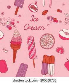 Retro style seamless pattern with different kinds of ice cream.