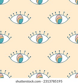 Retro style seamless pattern with doodle eyes. Crazy print for tee, textile and fabric. Hand drawn vector illustration for decor and design.
