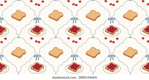 Retro style seamless pattern featuring slices of bread and jars of jam in beige red and blue colors ideal for bakery packaging or kitchen decor