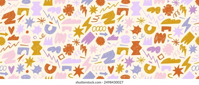 Retro style seamless pattern with grunge geometric shapes and squiggles. Color crayons drawn funky abstract geometric shapes. Hand drawn kid's style background with doodle stickers.