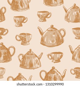 Retro style seamless pattern of hand drawn, graphical tea cups and teapots. Tea party, tea time theme.