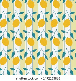Retro style seamless pattern with hand drawn lemons on branch motif on striped background.