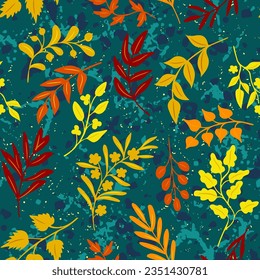 Retro-Muster nahtlos mit handgezeichneten Herbstblättern, Ästen, wilden Kräuter auf kompliziertem strukturiertem Hintergrund. Feine, handgezeichnete, trendige Tapisserie für Drucke auf Papier, Stoff