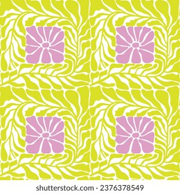 Retro style seamless pattern with hand drawn abstract pink flowers with lime green leaf vines, Matisse style inspired drawing