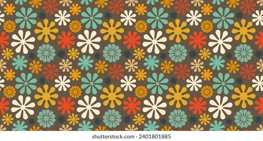 A retro style seamless pattern with a hippie flower aesthetic design, vector background. Print surface for textiles, wrapping, and webs.
