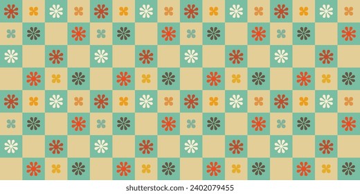 Un patrón retro sin fisuras con un diseño estético de flores hippie y fondo vectorial a cuadros. Superficie de impresión para textiles, envoltura y redes.