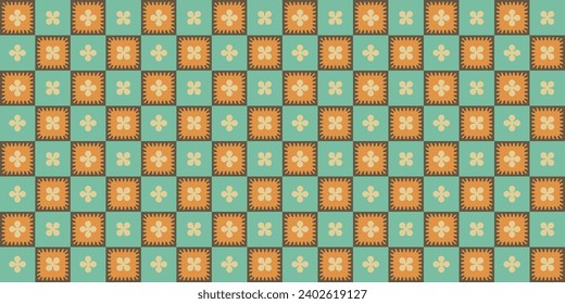 Un patrón retro sin fisuras con un diseño estético de flores hippie y fondo vectorial a cuadros. Superficie de impresión para textiles, envoltura y redes.