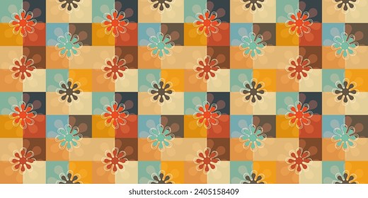 A retro style seamless pattern with a hippie flower aesthetic design and checkered vector background. Print surface for textiles, wrapping, and webs.