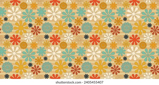 A retro style seamless pattern with a hippie flower aesthetic design and striped vector background. Print surface for textiles, wrapping, and webs.
