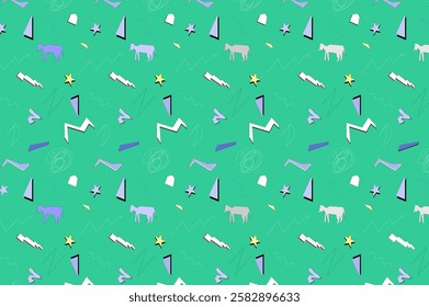 Retro style seamless pattern illustration with abstract geometric elements. green background