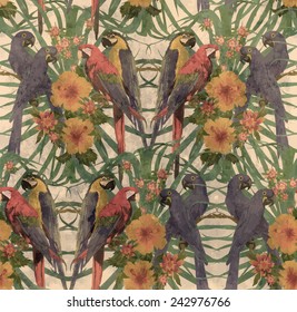 Retro style seamless pattern with macaws and exotic flowers. Hand drawn vector.