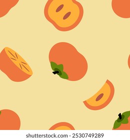 Retro style seamless pattern with persimmons. Perfect background for card, label, textile, fabric, paper. Hand drawn vector illustration.