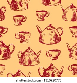 Retro style seamless pattern of red, hand drawn, graphical tea cups and teapots. Tea party, tea time theme. - Shutterstock ID 1310920775