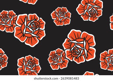 Retro style seamless pattern with red rose flowers. Hand drawn illustration perfect for textile, fabric and print designs.