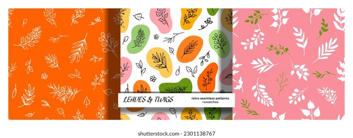 Retro style seamless pattern set with hand drawn leaves, branches, wild herbs on solid or liquid shapes background. Delicate sketch, botanical design for prints on paper, fabric, various surfaces