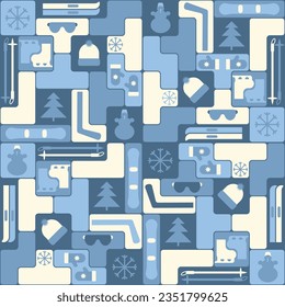 retro style seamless pattern with tetris figures and winter sports equipment