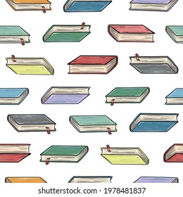 Retro style seamless pattern of vintage books on white background. Endless books texture for printing or decoration. Hand-drawn colored vector illustration. Wrapping paper, wallpaper, banner, card.