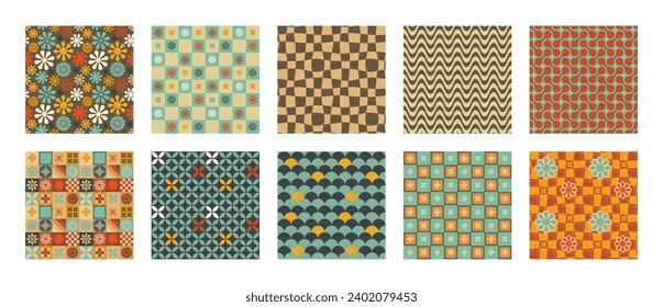 A retro style seamless patterns set with a hippie flower aesthetic design, vector background. Print surface for textiles, wrapping, and webs.