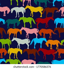 Retro style seamless vector pattern with horses silhouettes in colors