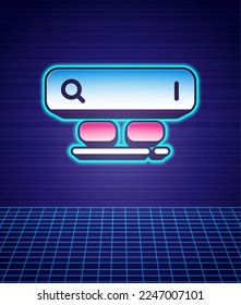 Retro style Search engine icon isolated futuristic landscape background. 80s fashion party. Vector