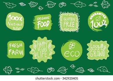 Retro style set of 100% bio organic gluten free eco bio healthy food restaurant menu logo label templates with floral and vintage elements in green color. Organic food badges in vector