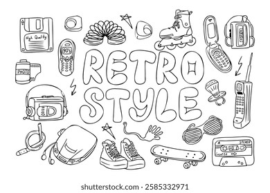 Retro style set of 90s and 2000s items in black and white coloring, including cassettes, pager, skateboard, roller skates, floppy disk, disc player, mobile phones, and sunglasses. Vector doodle set