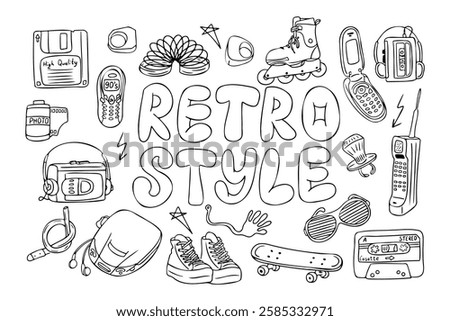 Retro style set of 90s and 2000s items in black and white coloring, including cassettes, pager, skateboard, roller skates, floppy disk, disc player, mobile phones, and sunglasses. Vector doodle set