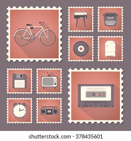 Retro style set flat stamps with shadow. Vector illustration.