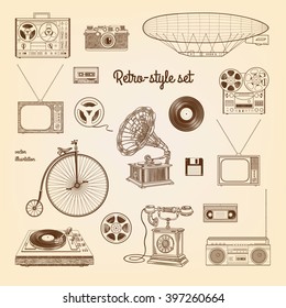 Retro Style Set: Gramophone, Zeppelin, Recorder, Camera, Bicycle, TV, Audio Cassette. Retro Set In Vector Isolated On The Old Paper Background.