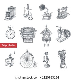 Retro style set. Movie camera, typewriter, gramophone, camera, scales, pocket watches, coffee grinder, Candlestick Telephone, bicycle, old iron, sewing machine, cuckoo-clock. Vintage Illustration