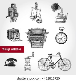 Retro style set. Movie camera, typewriter, gramophone, scales, hours, coffee grinder, telephone, bicycle. Vintage Illustration in ancient engraving style