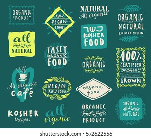 Retro style set of natural, organic and kosher food restaurant menu logo label templates with floral and vintage elements in vector