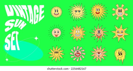 Retro style shiny sun character set. Psychedelic hippie crazy smiley cartoon collection. Abstract vintage hippy various bright sticker pack. Emoticon trendy y2k mascots. Vector eps illustration