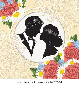 Retro style silhouette of couple in the beautiful frame with flowers and lace