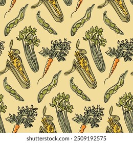 Estilo retro padrão de linha única com desenho de vegetais verdes e amarelos orgânicos. Ilustração botânica. Conceito de comida vegan no fundo amarelo no estilo boho