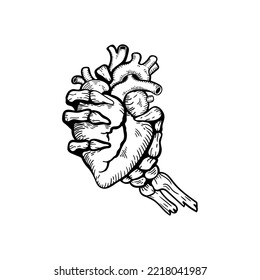 retro style skeleton hand holding heart