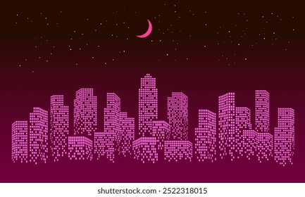 Retro style skyscraper, game vintage background with crescent moon.