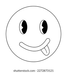 Retro style smiling emoticon with tongue, doodle style flat vector outline for coloring book