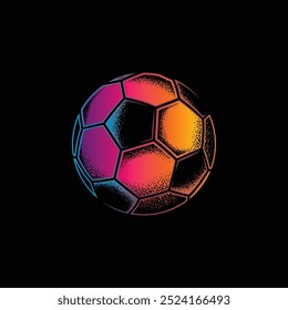Retro style soccer ball. Original vector illustration in vintage style isolated on black background. T-shirt design. Hand drawn, not by AI!