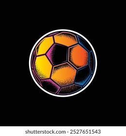 Retro style soccer ball. Original vector illustration in vintage style isolated on black background. T-shirt design. Hand drawn, not AI