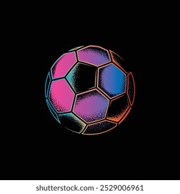 Retro style soccer ball. Original vector illustration in vintage style isolated on black background. T-shirt design. Hand drawn, not AI