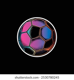 Retro style soccer ball. Original vector illustration in vintage style isolated on black background. T-shirt design. Hand drawn, not AI
