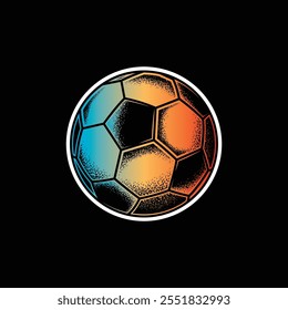 Retro estilo bola de futebol. Ilustração vetorial original em estilo vintage isolado no fundo preto. Design de camiseta. Desenhado à mão, não com IA