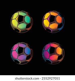 Retro style soccer ball. Original vector illustration in vintage style isolated on black background. T-shirt design. Hand drawn, not AI